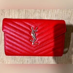 YSL Saint Laurent Red Grain De Powder Matelasse Wallet On Chain Bag